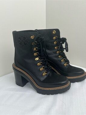 Tory Burch Black Leather Lace-Up Lug Heel Ankle Boots with Gold Hardware